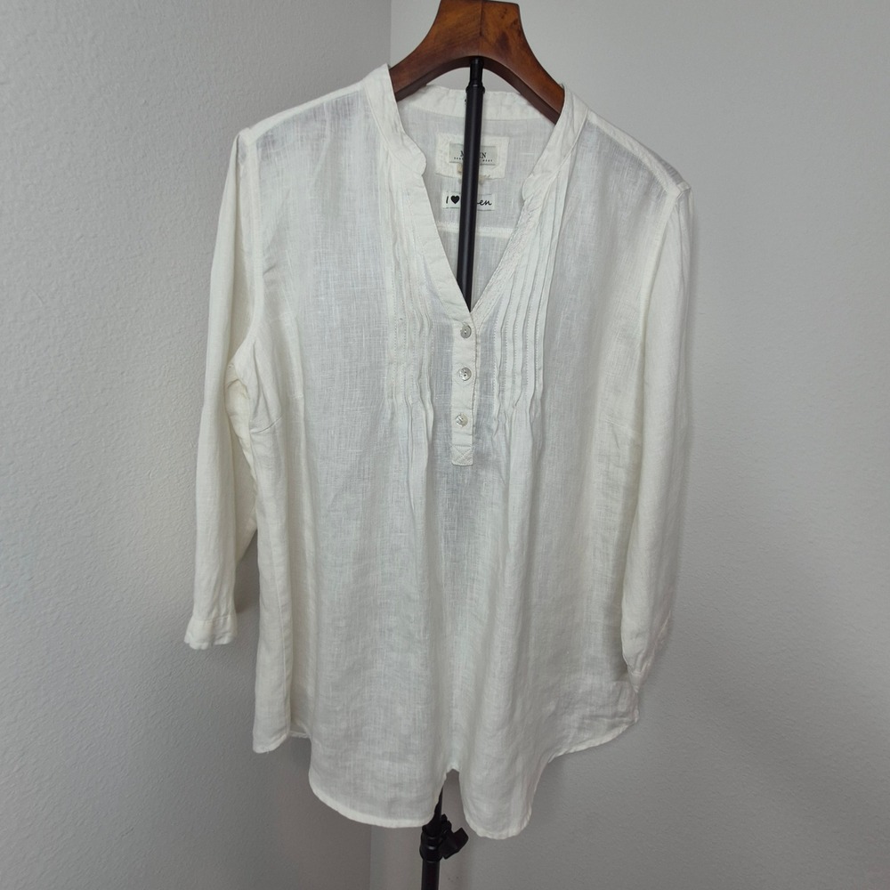 Malvin Hamburg Germany White Linen Pintuck Tunic Boho Lagenlook Coastal Size XL